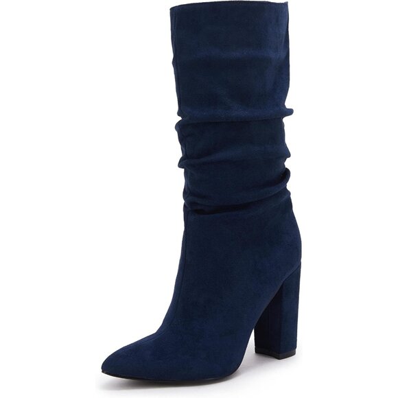 🆕Women's Navy Suede Mid Calf High Slouchy Chunky Heel Block Pointed Toe Boots - Picture 5 of 10